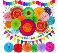 Lenfuos 33pcs Colorful Mexican Themed Decoration Set - Paper Fans, Pom Poms, Streamers, Bunting, Confetti Garlands for Birthday, Wedding, Fiesta Parties