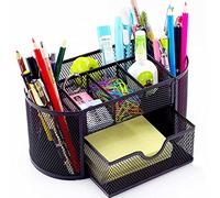 Lenfuos Mesh Desk Organiser Desk Tidy Metal Pen Holder with 8 Compartments and 1 Drawer, Stationery Storage Desktop Organiser for Home, Office, School