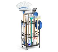 LengSuaa Garden Tool Storage Rack on Wheels, 3 Tier Garage Shelving Tool Rack with 3 Removable Hooks, Multi-Tier Garage Shelving Tool Holder, Shed Storage Solutions for Garage Lawn Shed Workshop