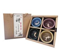 LENITH Ceramic Teacup and Sake Cup Set with 3D Koi Fish - Handcrafted, 4-Piece Assorted Colors, Gift Boxed for Tea or Spirits