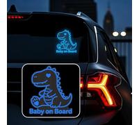 Leniutor 1pcs Dinosaur Baby On Board Reflective Car Sticker, Safety Warning Waterproof Vinyl Car Decal, Kids in Car Night Visibility Sign for Car Window Bumper (Blue)