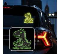 Leniutor 1pcs Dinosaur Baby On Board Reflective Car Sticker, Safety Warning Waterproof Vinyl Car Decal, Kids in Car Night Visibility Sign for Car Window Bumper (Green)