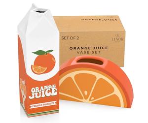 Lenor Decor Orange Juice Vase Set - Ceramic Carton and Sliced Orange Vases for Flowers. Funky Home Decor. Colorful Vintage Retro Weird Eclectic Groovy Cool Kawaii Room Decor