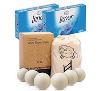 Lenor Tumble Dryer Sheets (2 Pack) + Wool Dryer Balls for Laundry UK | Scented Tumble Dryer Sheets & Eco-Friendly Fabric Softener Bundle | Tumble Dryer Scent Booster & Cleaner