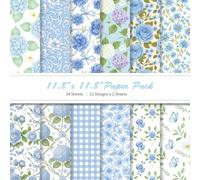 LENSARKU 24 Sheets Blue Floral Scrapbook Paper, Double Sided Decorative Craft Paper for Junk Journals, DIY Card Making, Photo Album, Gift Wrapping & Mixed Media, 11.8 x 11.8 Inch