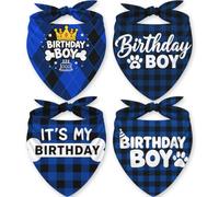 LENSARKU Blue Plaid Birthday Dog Bandana 4 Pack, Soft Cotton Triangle Scarf for Medium Large Dogs, Adjustable Tie-On, Fits Necks up to 18 in