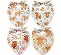 LENSARKU Highland Cow Dog Bandana 4 Pack, Soft Cotton Triangle Scarf for Medium Large Dogs, Adjustable Tie-On, Fits Necks up to 18 in, Boy & Girl, 4 Designs
