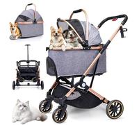 LENSEMUS Pet Stroller for Dogs - Foldable Cat Stroller with 4 All-Terrain Rubber Wheels Sturdy Dog Carrier for Max 33 lbs Medium Dogs 2 Small Cats Travel Camping Walks Vet Visits
