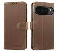 LENSUN Case for Google Pixel 10 Pro, Pixel 10 [Flip Case] Genuine Leather [RFID] Wallet Cover with Card Slots and Magnetic Clasp - Retro Dark Brown