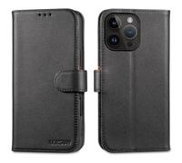 LENSUN Genuine Leather Case for iPhone 16 Pro Max 5G, Flip Case with Magnetic Closure, RFID Protection, Card Slot, Black