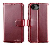 LENSUN Genuine Leather Case for iPhone 17e, Wallet Cover [Shockproof][Card Slots][Magnetic Closure] Compatible with Apple iPhone 16e - Red