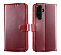 LENSUN Genuine Leather Case for Samsung Galaxy A36, Mobile Phone Case, Genuine Leather, Card Slot, Data Protection, Foldable Leather Case for Galaxy A36 5G - Red