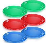 Lenwen 6 Pcs 25.2 Inch Winter Snow Sleds with Handles Heavy Duty Outdoor Snow Saucer Sled Round Plastic Sled Sledding Downhill Saucer for Kids Adults Cold Weather Sport, Red Blue and Green