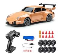 LenyKingPro 1:24 RC Drift Car 4WD High-Speed Remote Control Racing Car with Interchangeable Tires, LED Lights, 2.4G Proportional Radio, Alloy Plastic Body for Indoor Outdoor Track Drifting - Orange