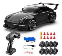 LenyKingPro 1:24 RC Drift Car 4WD High-Speed Remote Control Racing Car with Interchangeable Tires, LED Lights, 2.4G Proportional Radio, Alloy Plastic Body for Indoor Outdoor Track Drifting - Black