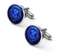Leo Constellation Blue Lion Cufflinks for Men Classic Round Cuff Links Black Match Tie Clips for Business Wedding Graduation 2.0cm