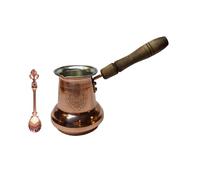 Leo Design Turkish Coffee Pot 5 Sizes, Coffee Maker Greek Arabic Coffee Stovetop Thick 3mm Solid Hammered Handmade Engraved Copper Cezve Ibrik Briki with Wooden/Brass Handle (Wooden Handle, 450 ml)
