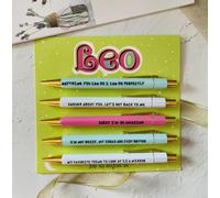 Leo Funny Sarcastic Quote Pens Set with Gold Accents, Colorful Ballpoint Pens, 5 Pack Gift Set | Novelty Zodiac gift secret Santa