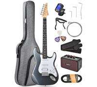 Leo Jaymz Beginner Electric Guitar 39” Kit with Portable Amplifier, Padded Gig Bag, Digital Tuner，Capo，Strap，Picks，Classic HSS Pickups(Gray-HSS)