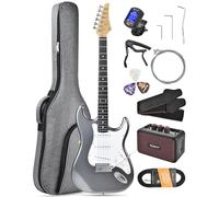 Leo Jaymz Beginner Electric Guitar 39” Kit with Portable Amplifier, Padded Gig Bag, Digital Tuner，Capo，Strap，Picks，Classic SSS Pickups (Gray-SSS)