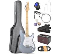Leo Jaymz Beginner Electric Guitar 39” Kit with Portable Amplifier, Padded Gig Bag, Digital Tuner，Capo，Strap，Picks，Classic SSS Pickups(Matte Gray-SSS)