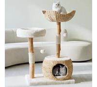 Leo & Lexi Modern Cat Tree Tower with Cave, Real Wood Cat Scratching Post with Bed for Indoor Cats Large Adult, Solid Wooden Climbing Tower, Cute Condo, Aesthetic Stand, Boho Luxury Pet Furniture