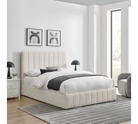 Leo White Boucle Fabric Double 4Ft 6 Ottoman Storage Bed Frame