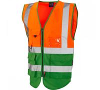Leo Workwear Lynton ISO 20471 CL 1 Superior Waistcoat HV Orange/Green 5XL
