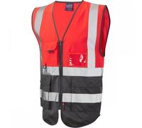 Leo Workwear Lynton ISO 20471 CL 1 Superior Waistcoat HV Red/Grey 5XL