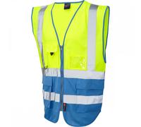 Leo Workwear Lynton W11 Dual Colour Hi-Vis Class 1 Multi-pocket Superior Waistcoat, L, Yellow-Deep Sky Blue