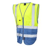 Leo Workwear Lynton W11 Dual Colour Hi-Vis Class 1 Multi-pocket Superior Waistcoat, S, Yellow-Deep Sky Blue
