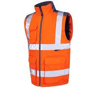 Leo Workwear Torrington Hi-Vis Warm Quilt Lining PU Coated Polyester Bodywarmer, Small, Hi-Vis Orange