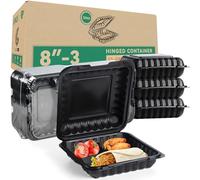 LEOBOX Food Containers Mineral Filled PP Plastic - 55 Pack 34oz 8 Inch | Shrink Wrap BPA Free Lunch Boxes | Freezer & Microwave Safe for Meal Prep | Black 3 Compartment Disposable Takeout Container