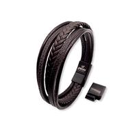 LEODYNE Men's Braided Leather Bracelet in Black and Brown with Magnetic Clasp Stainless Steel with Extra Link, L - 21.5cm, Leather