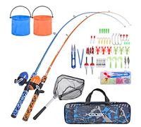 LEOFISHING Kids Fishing Pole Set with Full Starter Kits 2 Set Portable Telescopic Fishing Rod and Spincast Reel Cambos with a Fishing Net and 2 Buckets for Boys Girls and Youth (Blue+Orange)
