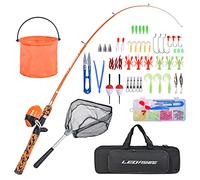 LEOFISHING Kids Fishing Pole Set with Full Starter Kits Portable Telescopic Fishing Rod and Spincast Reel with a Fishing Net and Bucket for Boys Girls and Youth (Orange)