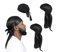 Leogony 3 PCS Long Tail Silk Du-Rag Mens Set for Hip-Hop Decoration (2 Silk & 1 Cotton)
