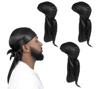 Leogony 3 PCS Long Tail Silk Du-Rag Mens Set for Hip-Hop Waves, Braids & Locs, Wrinkle Free Satin, Ultra-Soft