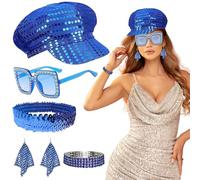 Leogony 5 Pcs 70s Disco Accessories for Women, Sequin Headband Glasses Earrings Hat Bracelet for Theme Party Fancy Dress