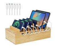 LEOKKARR Bamboo Charging Station for Multiple Devices, Upgrade Desk Docking Stations Organizer for Apple Devices, Wood Charging Cell Phone Holder Stand (Includes 6 Cables) (NO Power Supply)