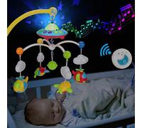 LEOM Baby Cot/Crib Mobile with Lights & Music - Space & Aircraft Theme | Rotating Toy for Crib, Soothing Music & Nightlight - Colorful Planes, Clouds, Musical Cot Mobile for Unisex Baby