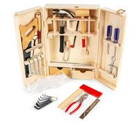 leomark wooden tool set for kids - 30+ piece kit with tools & accessories in secure wooden box, ideal for young carpenters & mechanics - includes wrench, hammer, screwdrivers, saw, DIY