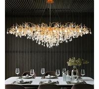 Leomix Modern Crystal Tree Branch Chandelier, Rectangle Large Gold Linear Raindrop Indoor Hanging Pendant Light Fixture for Dining Room Kitchen Island Living Room Bedroom 12 Lights L47.2''