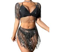 LEOMOSTE Women Rhinestone Crop Top Sparkly Body Chain Fishnet Tank Top Crystal See Through Bikini Cover Up with Tassel Sleeves, Blackab, One Size