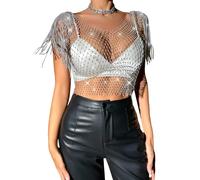 LEOMOSTE Women Rhinestone Crop Top Sparkly Body Chain Fishnet Tank Top Crystal See Through Bikini Cover Up with Tassel Sleeves, Silver, One Size