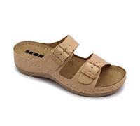 LEON 908 Leather Slip-on Womens Ladies Sandal Clogs Mules Slides Slippers Shoes, Beige, EU 38, UK 5