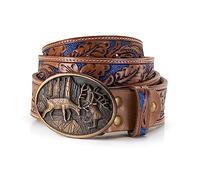 Leonard Traditional Leather Belt Handmade - Unique Traditional Leather Belt with Deer Buckle - Hand-Carved Two Colours Leather Trousers Belt, brown/blue, Bundweite 120 (58-60)