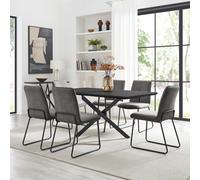 Leonardo Black Top Dining Table & 6 Halley Fabric Chairs FurnitureboxUK Dark Grey One Size