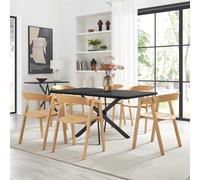 Leonardo Black Top Dining Table & 6 Oak Masa Chairs FurnitureboxUK Black One Size
