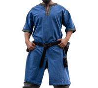 Leonardo Carbone® Richard Short Sleeve Tunic - Medieval Clothing Men, Medieval Shirt, Casual Shirts Short Sleeve, Carnival Costume Men, Viking Tunic, LARP Clothing - 100% Cotton, pigeon blue, XXL